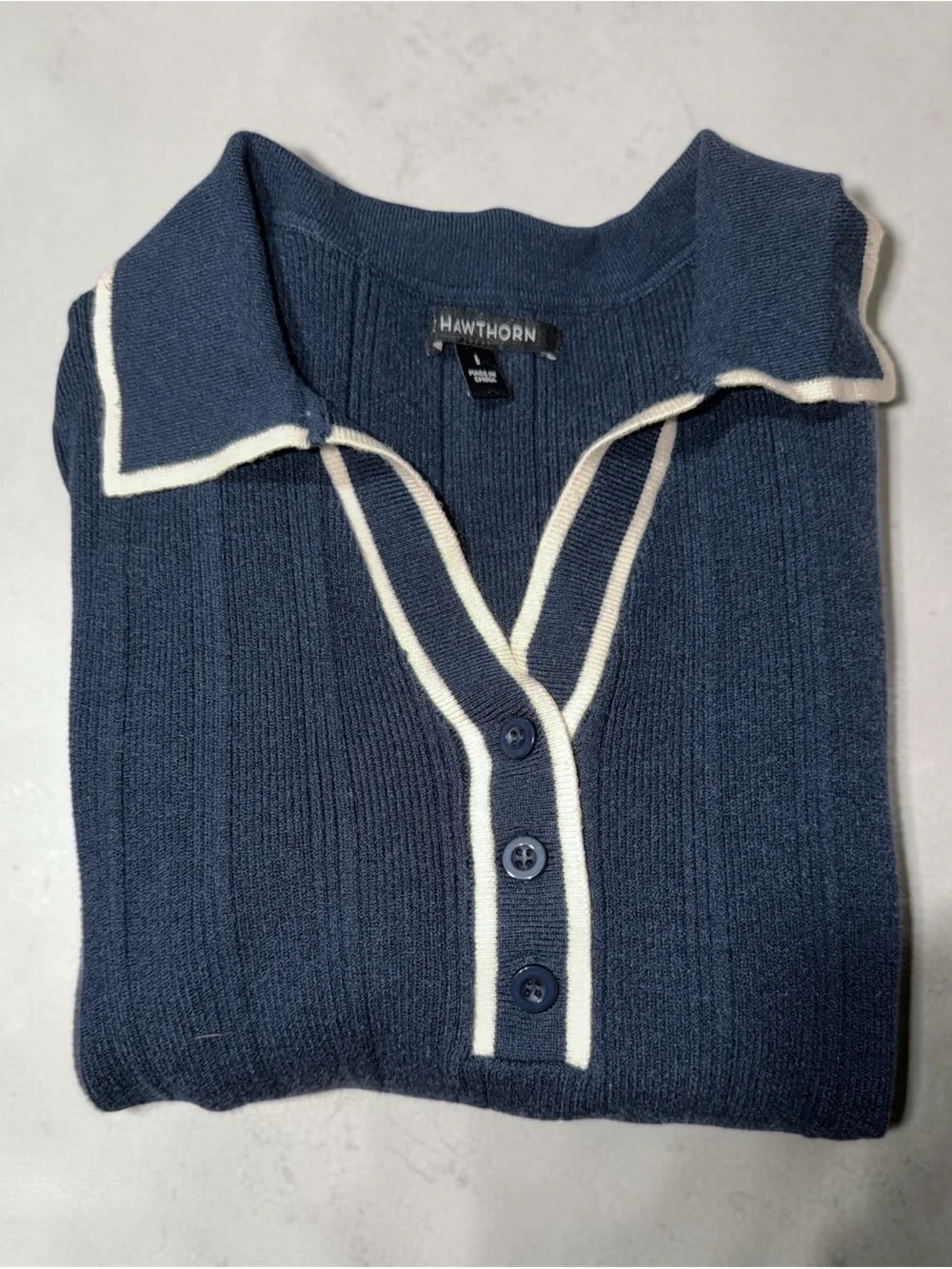 Valerie Always Soft Rib Johnny Navy Collar Sweater with Contrast Trim